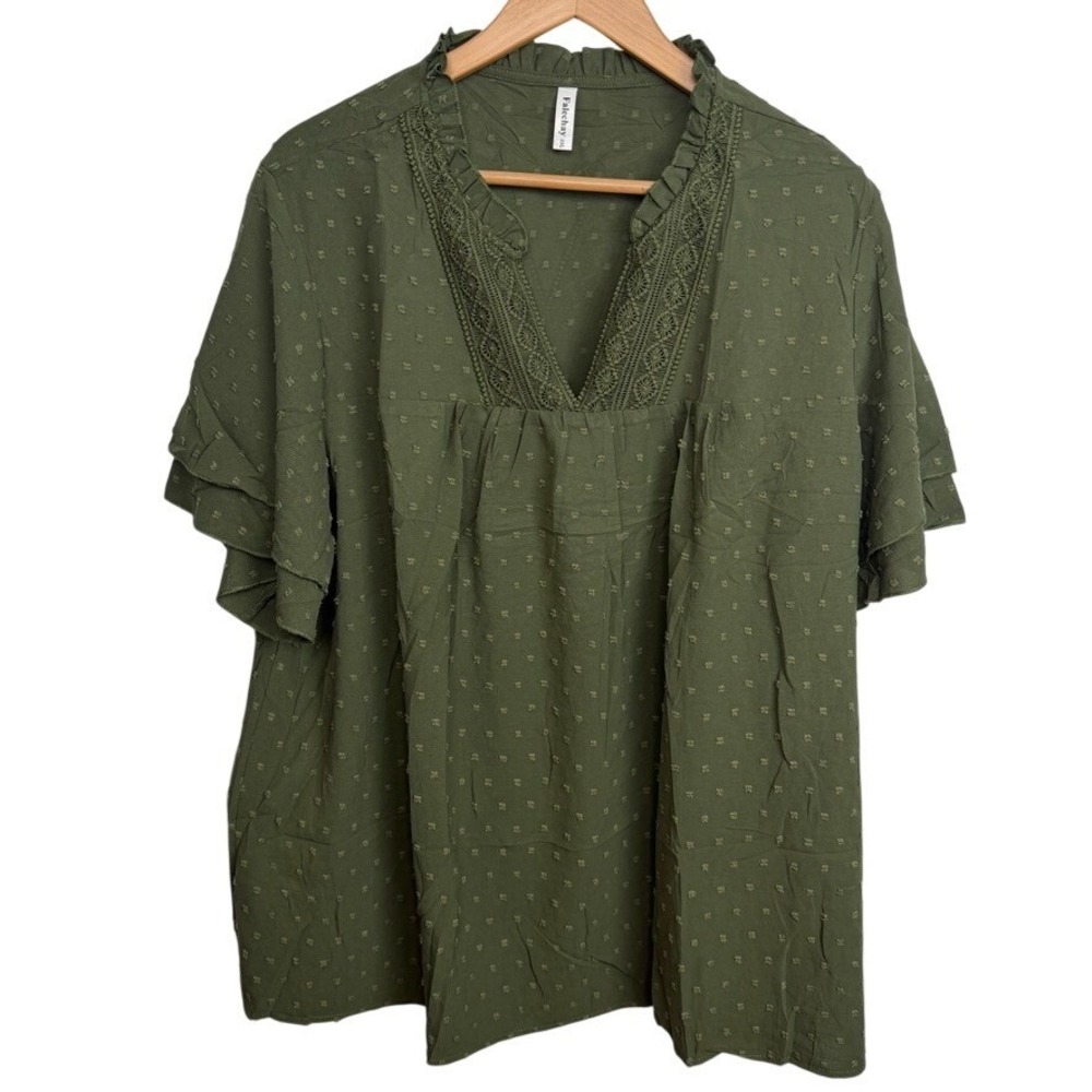 Falechay Womens 5XL Olive Green Swiss Dot Lace Trim Ruffle Sleeve Blouse Top